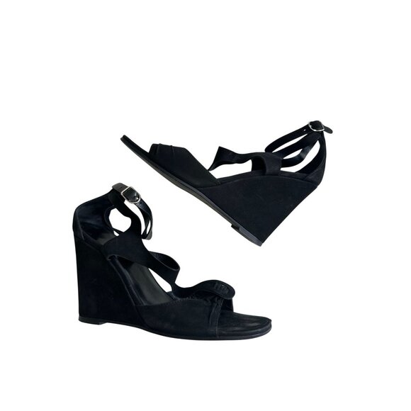 HERMES Black Suede Ankle Strap Wedges Sandals Size 8 - Picture 5 of 12